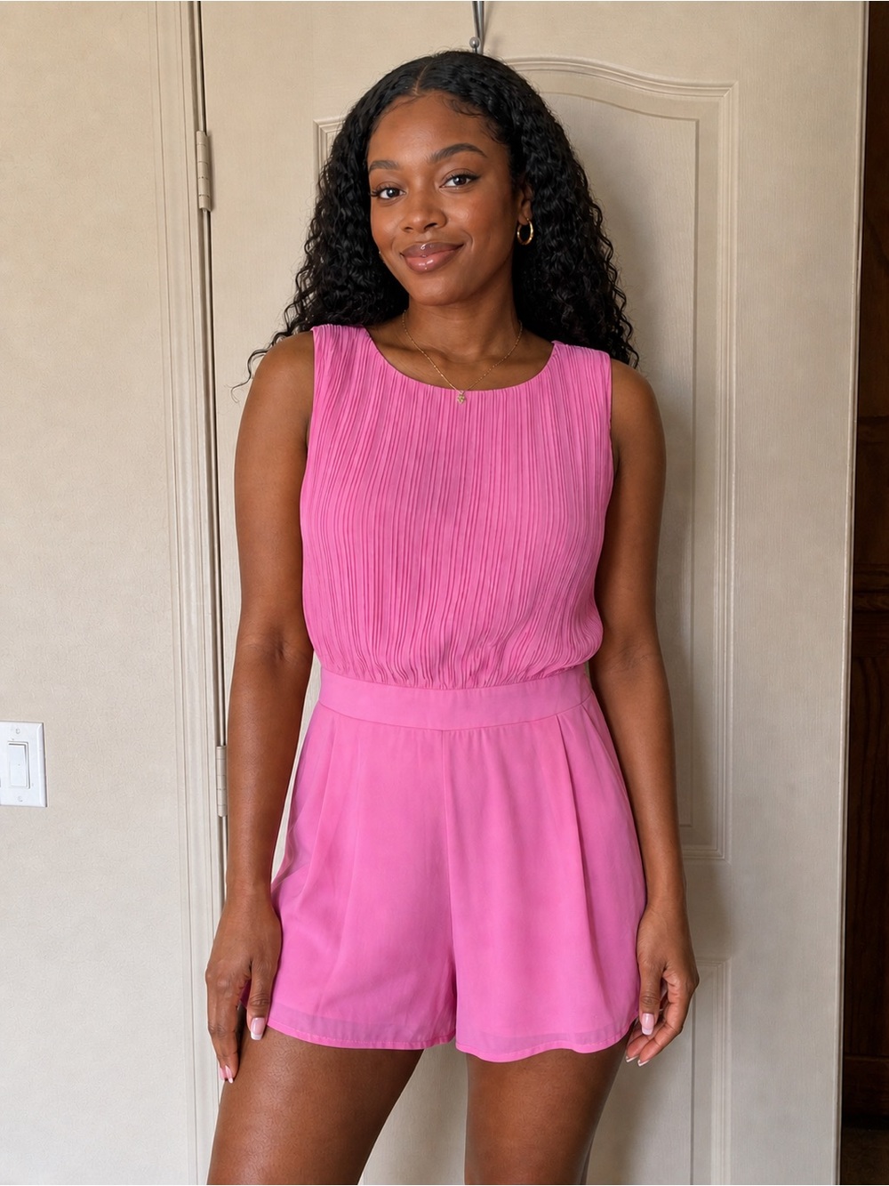 Fashion Nova Pink Pleated Romper | Flowy Stretch Waist | Size M/L Fit - Picture 1 of 6